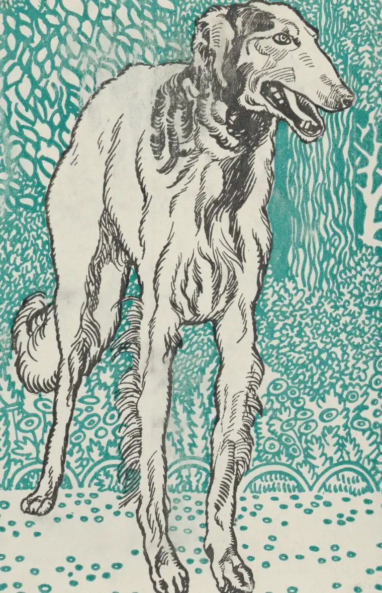 Greyhound, colour woodblock